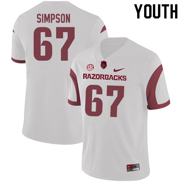 Youth #67 Payton Simpson Arkansas Razorbacks College Football Jerseys Sale-White